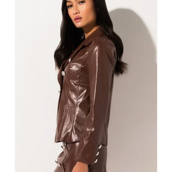 AKIRA SILVER METALLIC BUTTON FAUX LEATHER BROWN BLAZER NWT - Picture 2 of 16